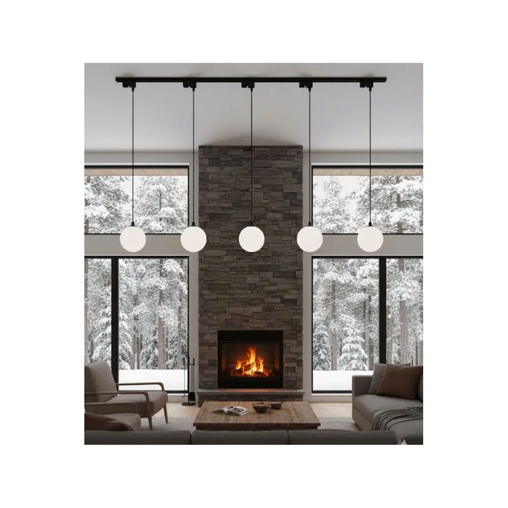 2 Metre Siyah Alimünyum Ray Opal Beyaz Top Cam 5’li Modern Sarkıt Modern E27 Masaüstü Avize