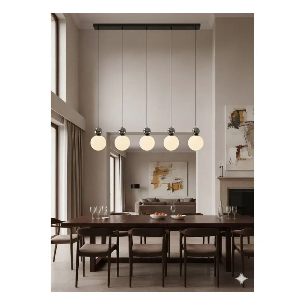 Ada Mutfak Masa Üstü 120 cm Modern 6’lı Mat Opal Beyaz Cam Sarkıt E27 Krom Detaylı