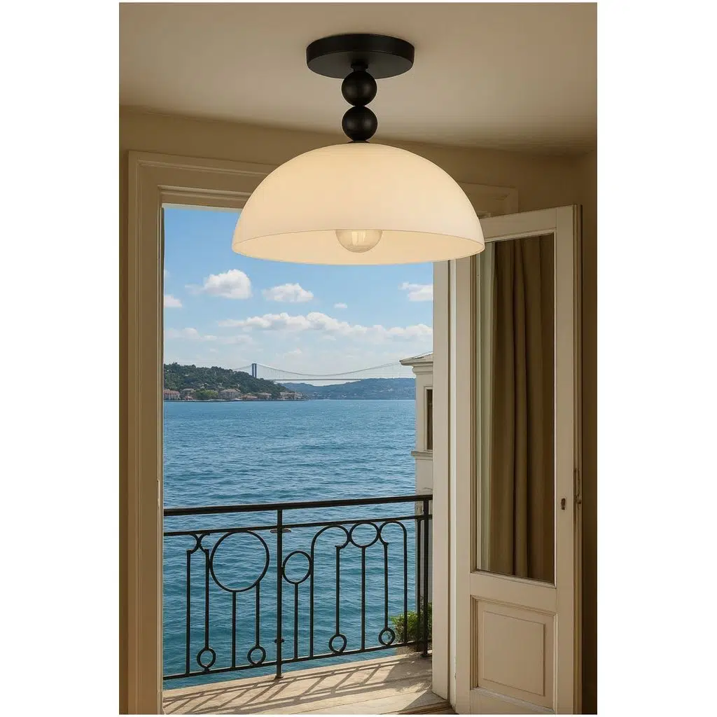 Modern Siyah Metal Gövdeli Opal Cam Yarı Sarkıt Tavan Avize E27 Duy Salon Mutfak Aydınlatma