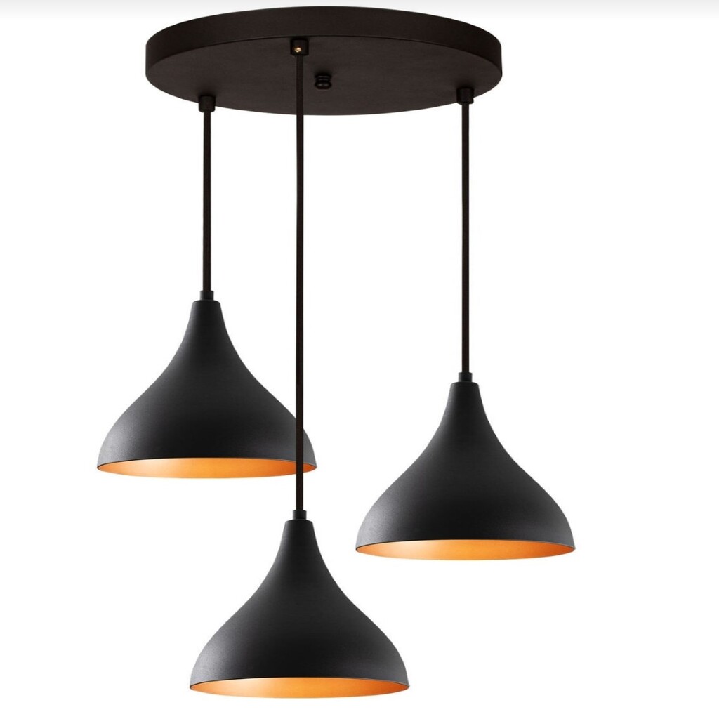 MY LİGHTS RETRO RUSTİK METAL SARKIT ÜÇLÜ AVİZE SİYAH İÇİ ALTIN AVİZE