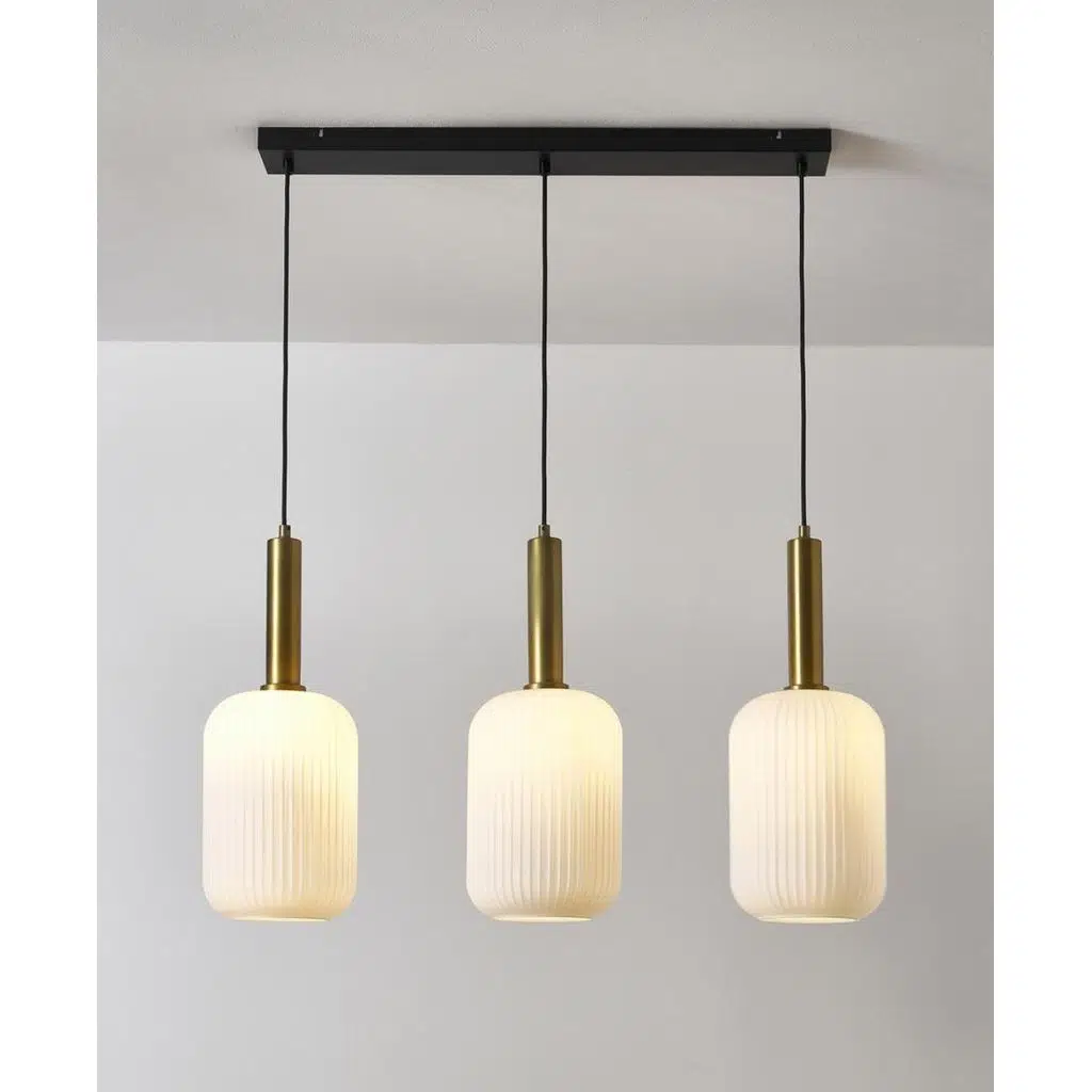 MYLİGHTS retro rustik sıralı üçlü opal camlı sarkıt masa üstü avize 60 cm en