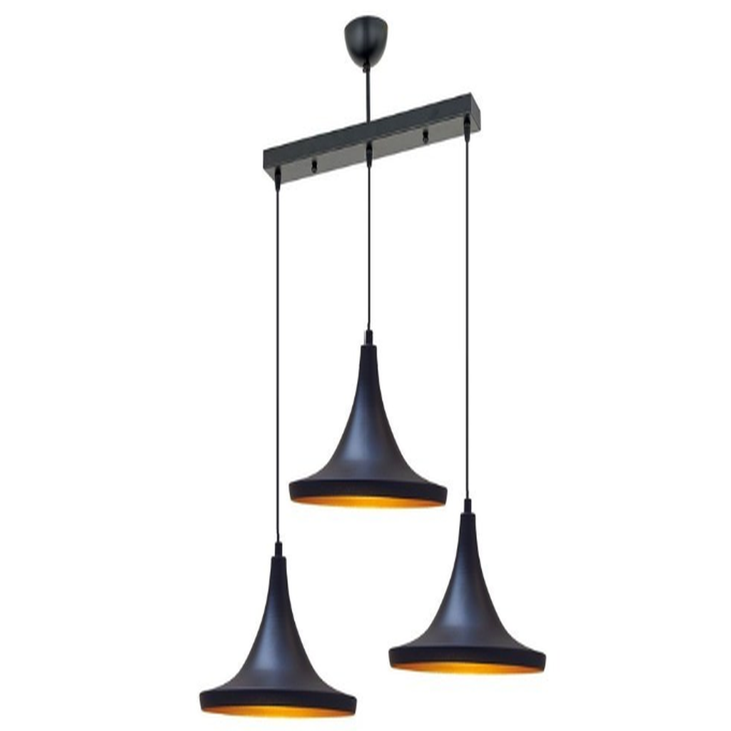 MYLİGHTS RETRO SİYAH İÇİ SARI METAL SARKIT AVİZE 3LÜ SIRALI MASA ÜSTÜ 60 CM